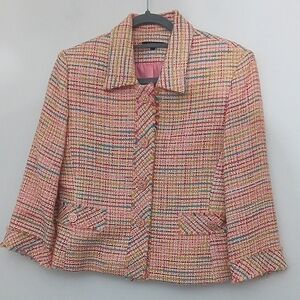 Henry Lee Tweed Jacket Women's Size 6P Pink Multicolored Blazer‎ Flower Buttons